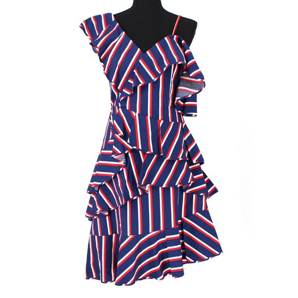 NWT Alice + Olivia Laflora Asymmetric Ruffle Striped Poplin Dress Off Shoulder 4 - Picture 2 of 7